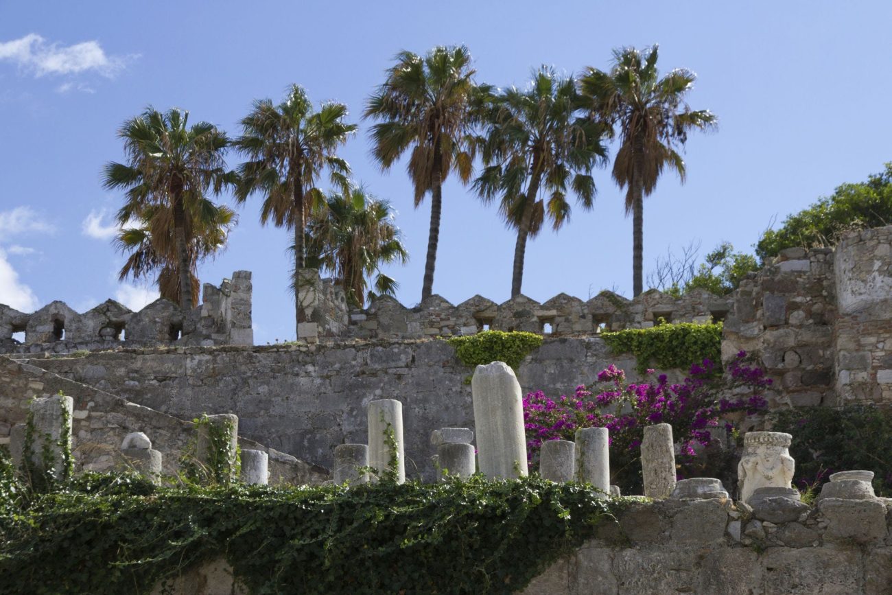 The castle of the Knights of Saint John on Kos, was constructed with local stone and with the remains of previous constructions and buildings. It still shows a number of blazons on the masonry, some columns, bases and architraves from the ruins of the old city.